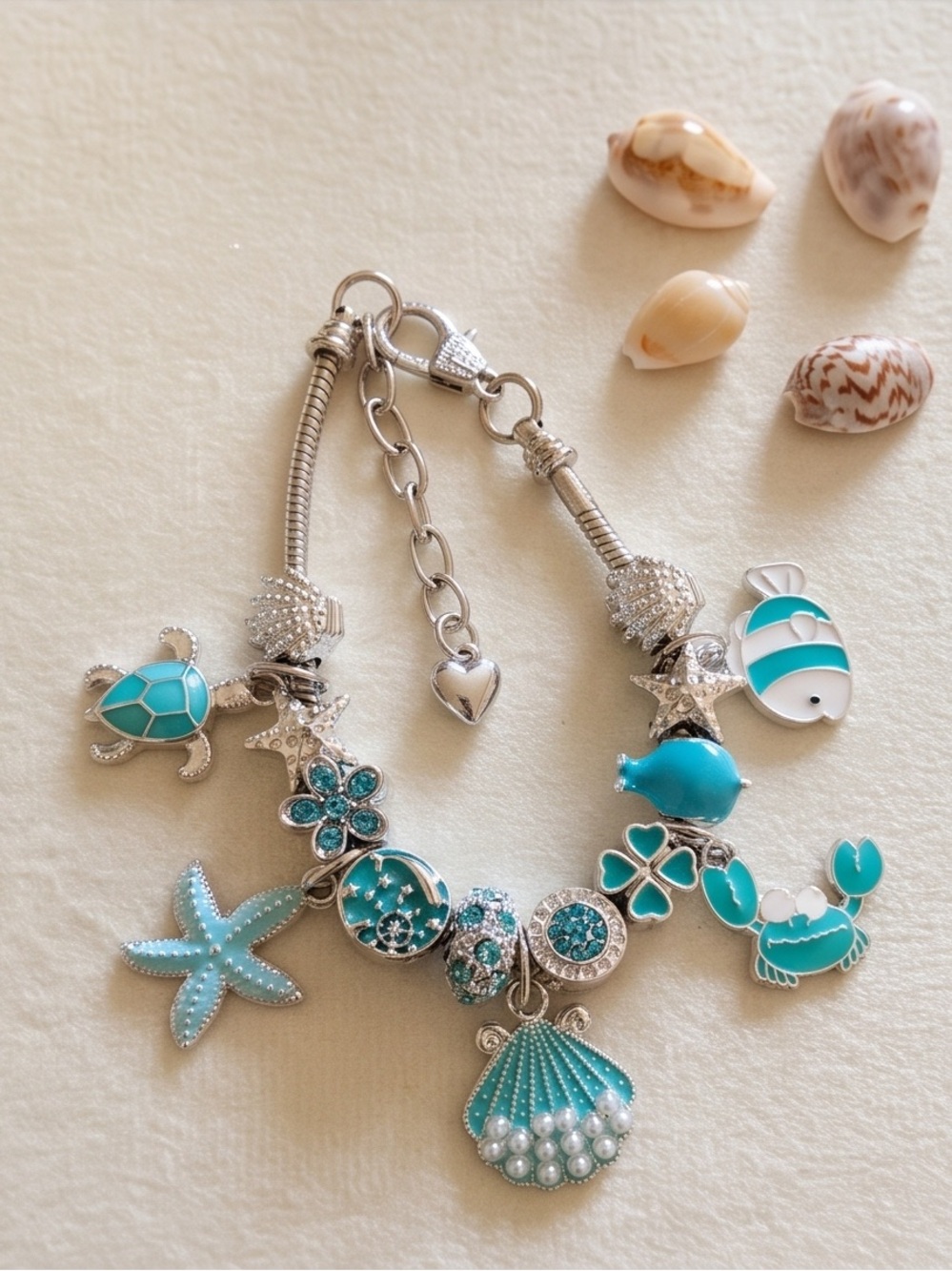 Ocean Beach Theme Charm Bracelet - Sea Turtle, Shells & Turquoise Crystal (6–8")